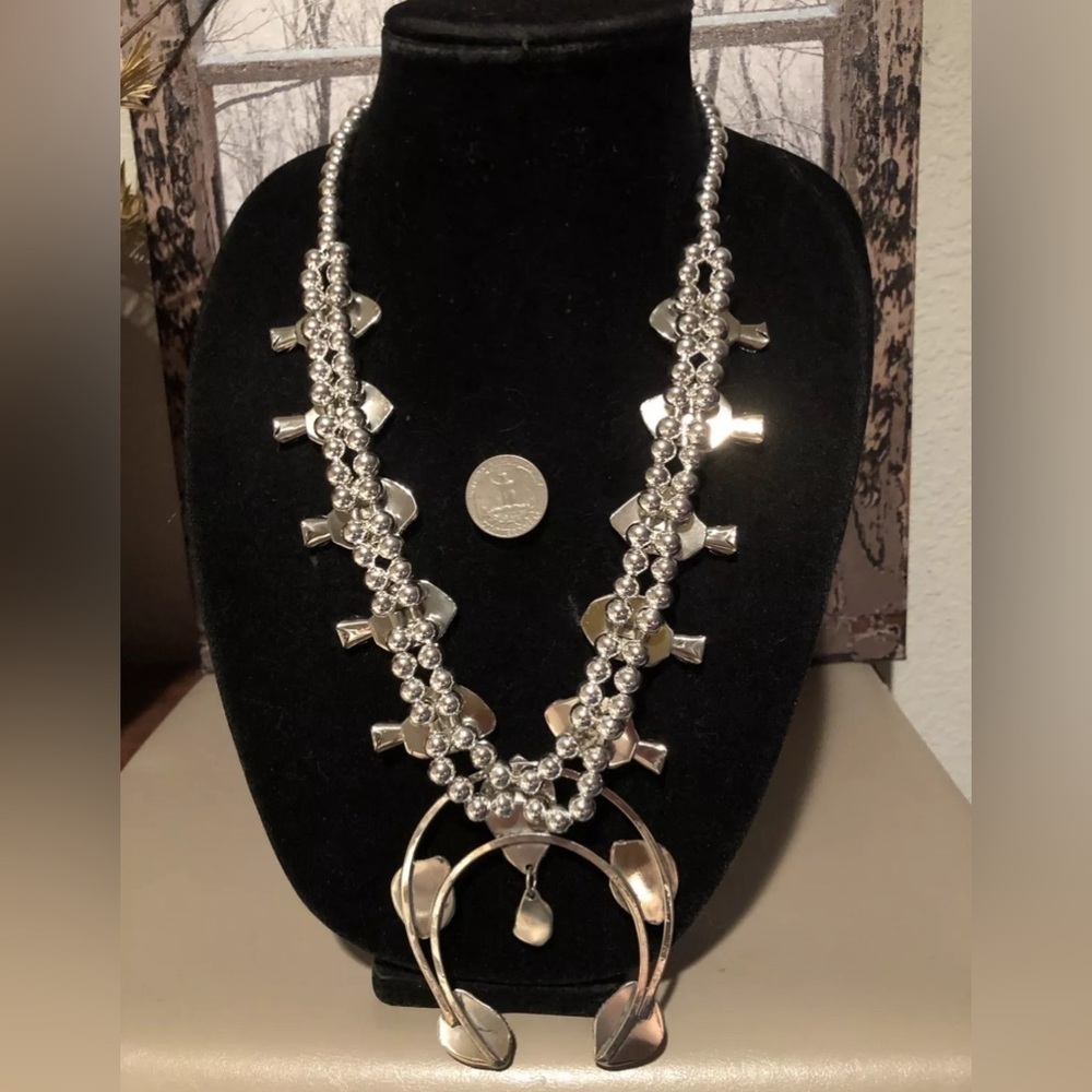 KINGMAN Turquoise Silver Squash Blossom Necklace by Native Jeweler GORGEOUS! ✨ - Picture 8 of 11